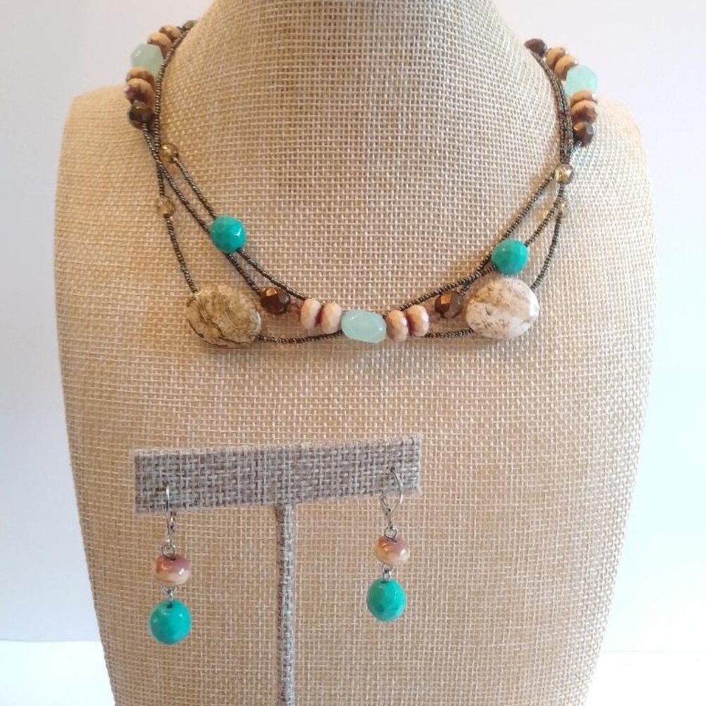 Essence Multi Strand Glass & Semi Precious Stone Bead/Silver Tone Necklace